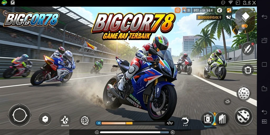Tampilan gameplay yang mendebarkan dari BIGCOR78 saat balapan motor.