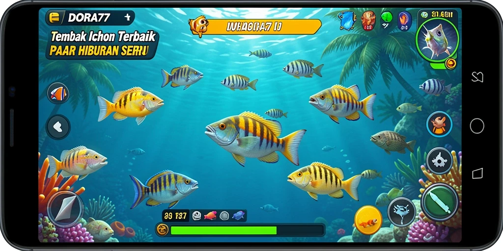 Tampilan gameplay seru di DORA77 saat menembak ikan.