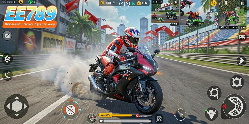 Screenshot menunjukkan balapan motor yang intens di lintasan menantang.