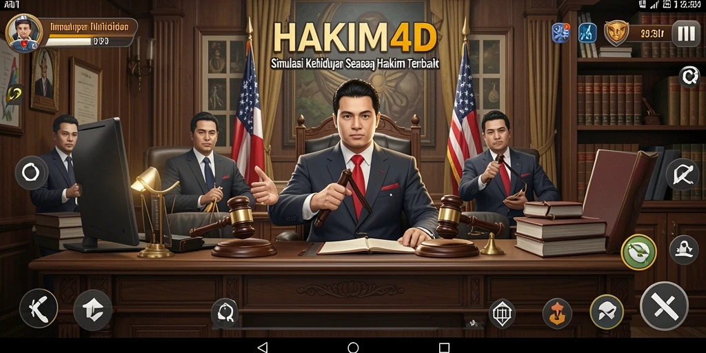Screenshot HAKIM4D menampilkan gameplay simulasi menjadi hakim dengan interaksi karakter.