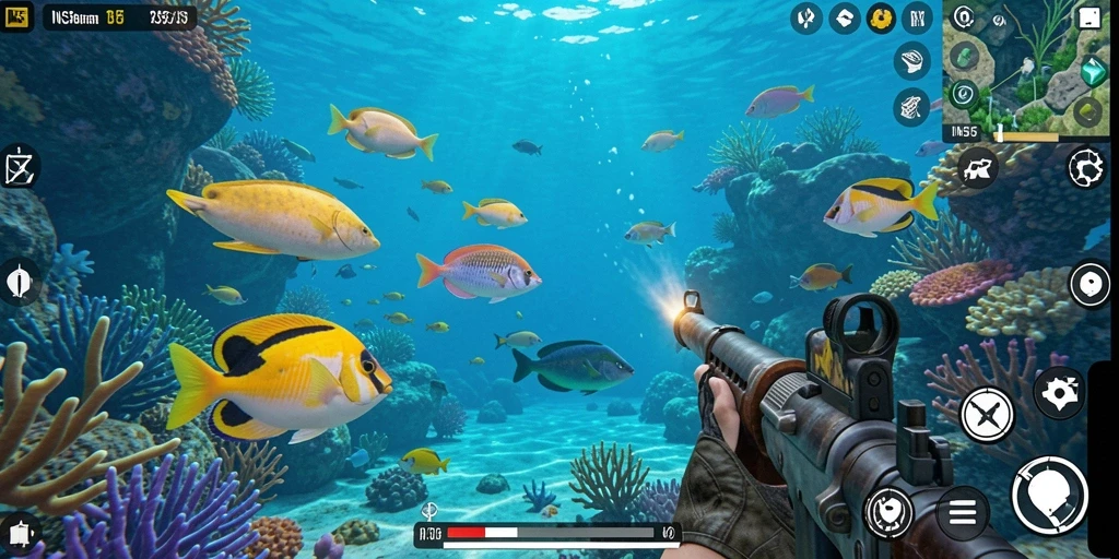 Screenshot menunjukkan aksi menembak ikan yang mendebarkan.