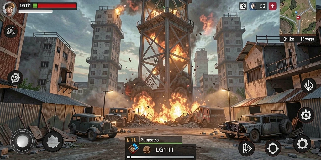Tampilan gameplay LG111 dengan menara dan musuh beragam dalam aksi.