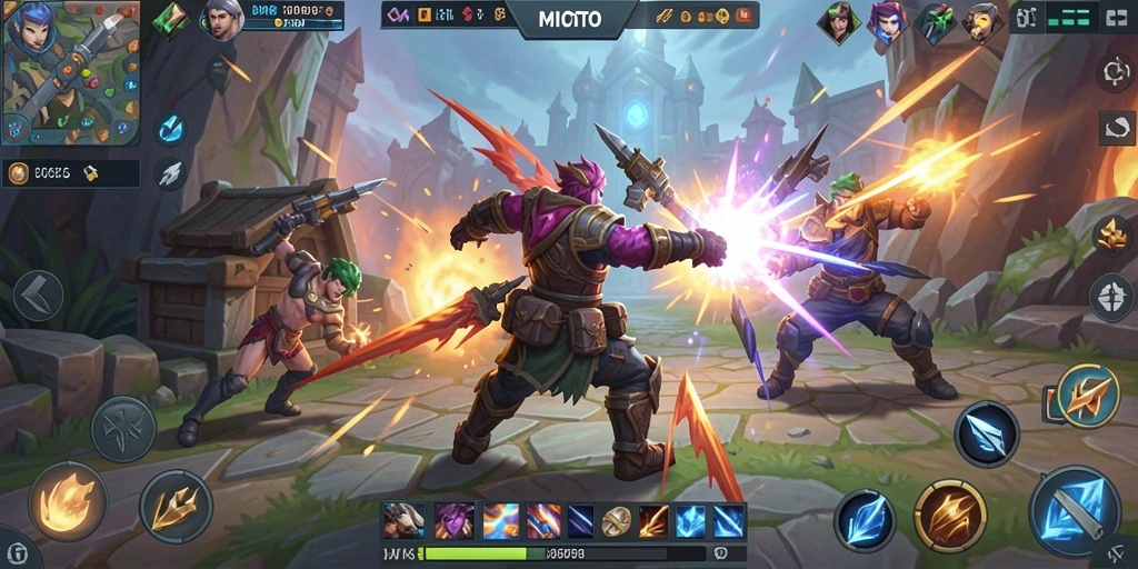 Screenshot gameplay MIOTOTO yang menunjukkan aksi seru pertempuran MOBA.