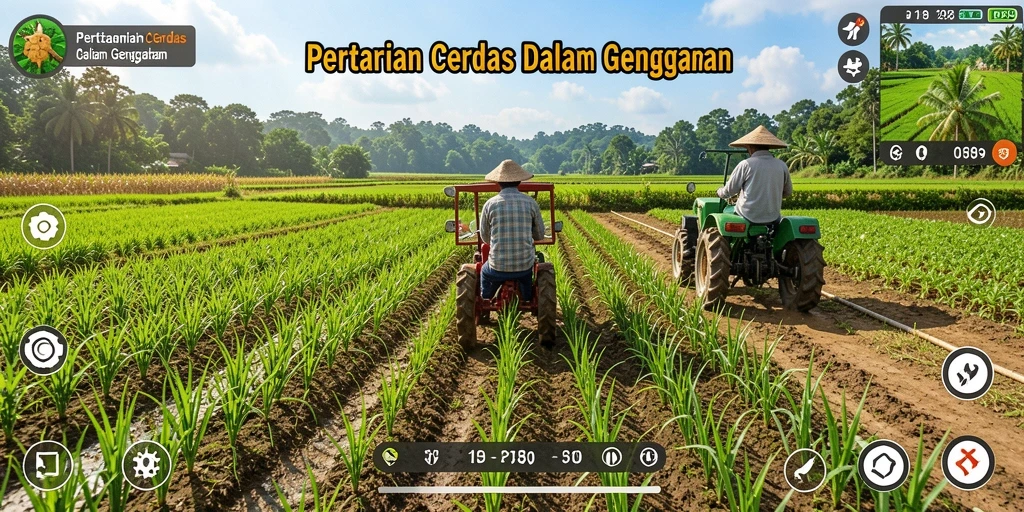 Screenshot gameplay PT89 menampilkan ladang yang subur dan aktivitas petani.