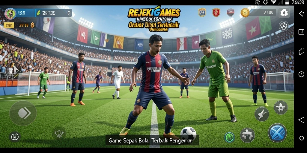 Screenshot gameplay REJEKIGAMES menampilkan aksi seru di lapangan sepak bola.