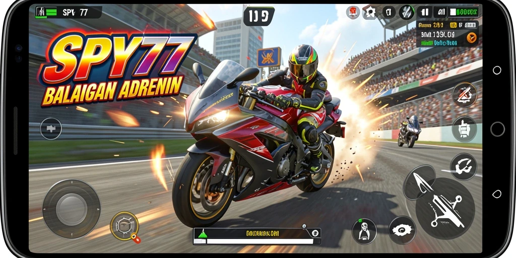 Tangkapan layar gameplay SPY77 yang menunjukkan aksi balapan motor yang mendebarkan.