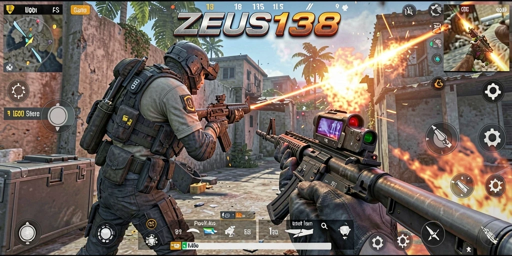 Tangkapan layar utama ZEUS138 menunjukkan gameplay FPS yang intens.